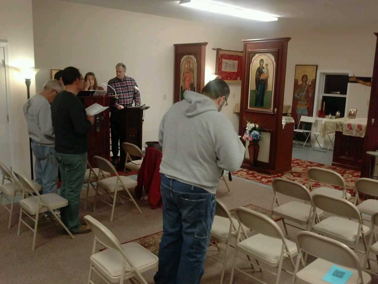 Worshippers at vesper service at Carbondale's new Orthodox Church